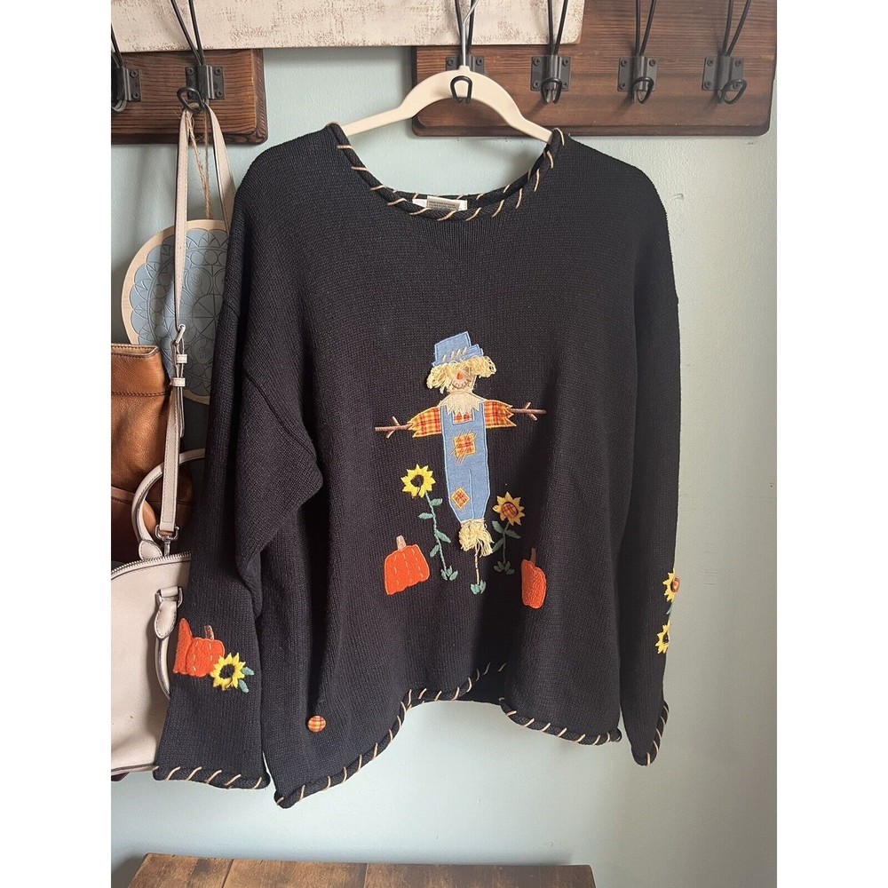 Mandal Bay Womens Sweater Vintage Fall Scarecrow Novelty Black Size Large